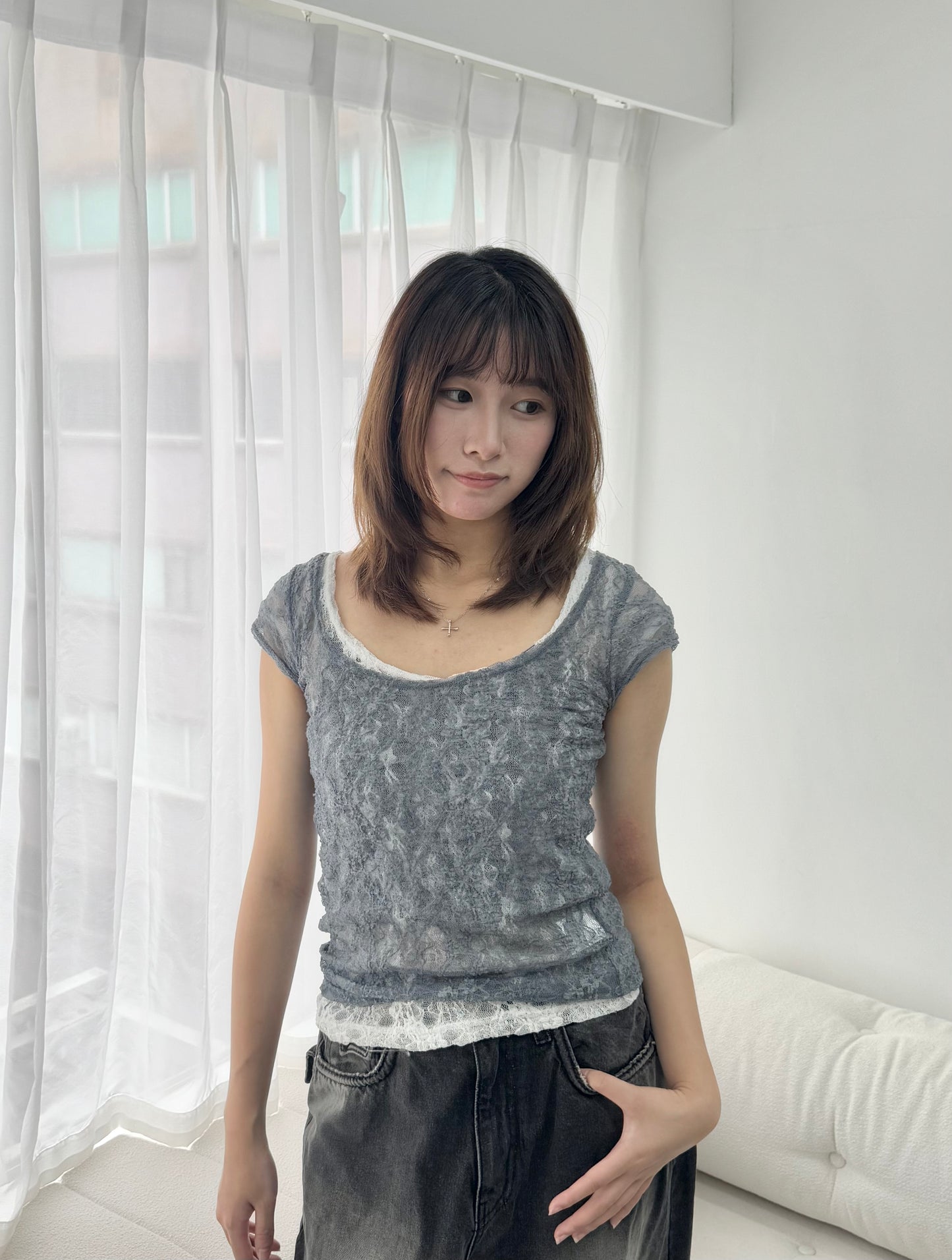 (黑色現貨)百搭透透Lace top