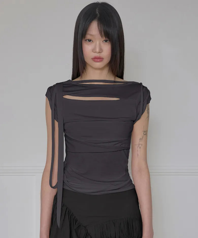 FLARE UP Asymmetrical Draped Strap Roll-Up T-Shirt(4 colors)