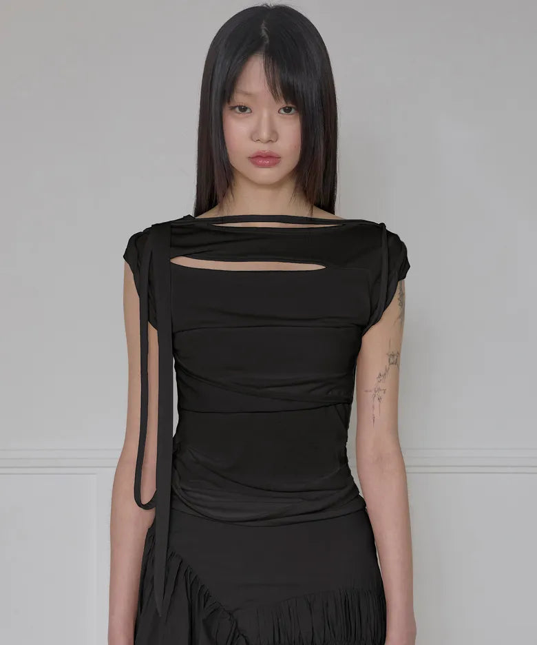 FLARE UP Asymmetrical Draped Strap Roll-Up T-Shirt(4 colors)