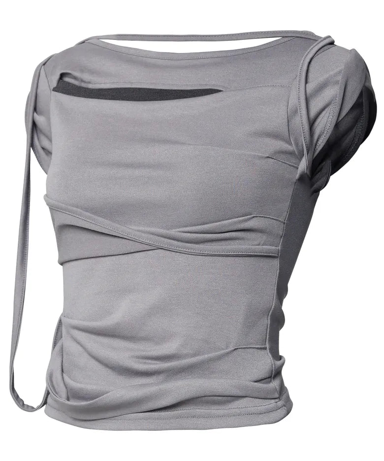 FLARE UP Asymmetrical Draped Strap Roll-Up T-Shirt(4 colors)