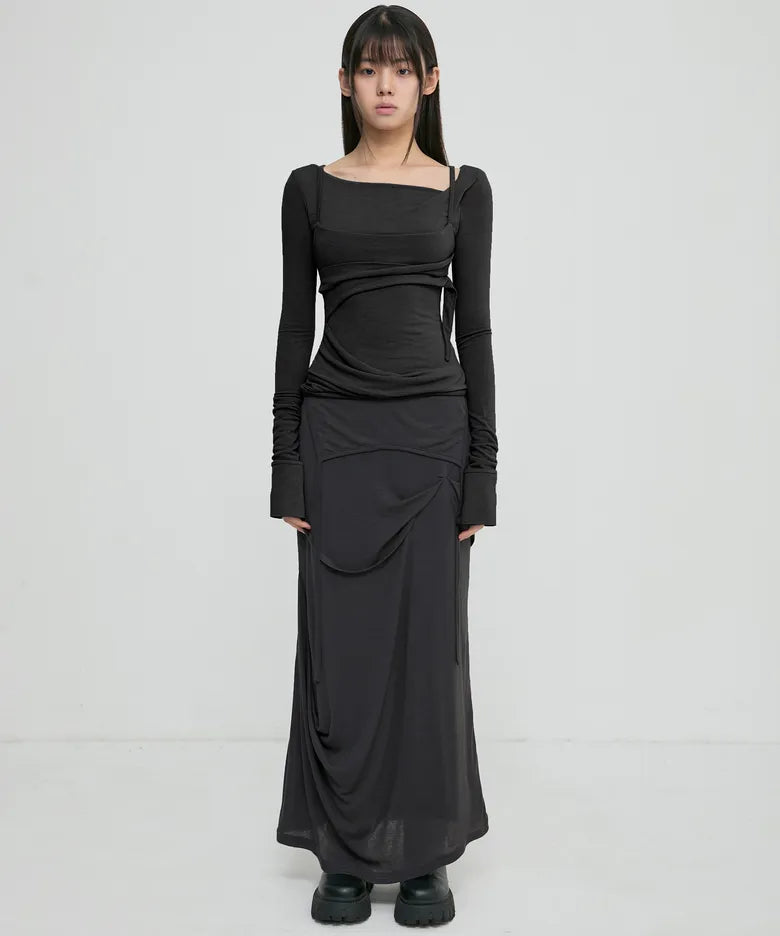 FLARE UP Asymmetrical Draped Long Skirt (3 colors)