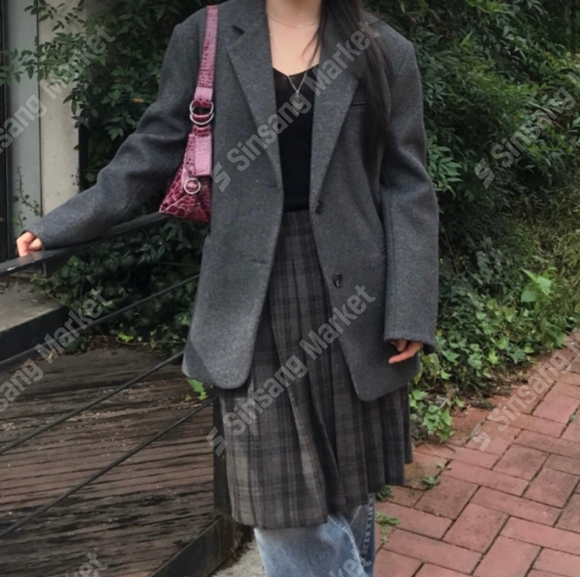 秋冬格仔中長裙