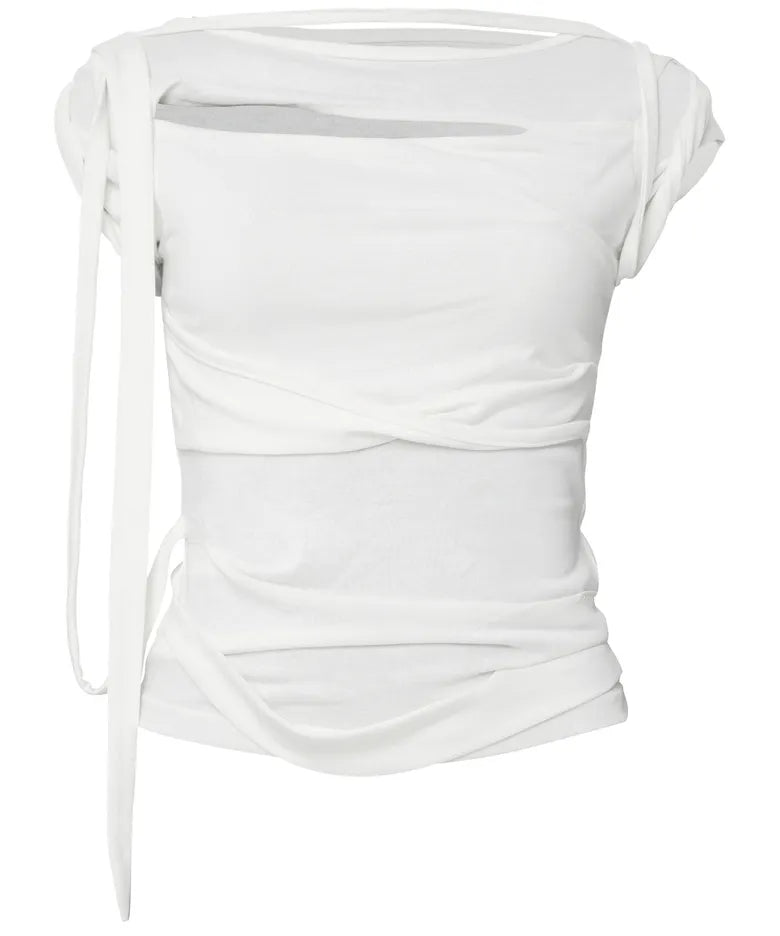 FLARE UP Asymmetrical Draped Strap Roll-Up T-Shirt(4 colors)