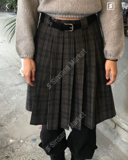 秋冬格仔中長裙