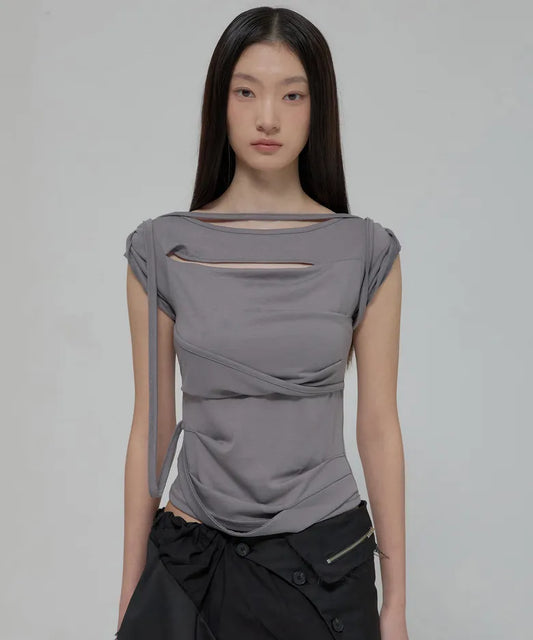 FLARE UP Asymmetrical Draped Strap Roll-Up T-Shirt(4 colors)
