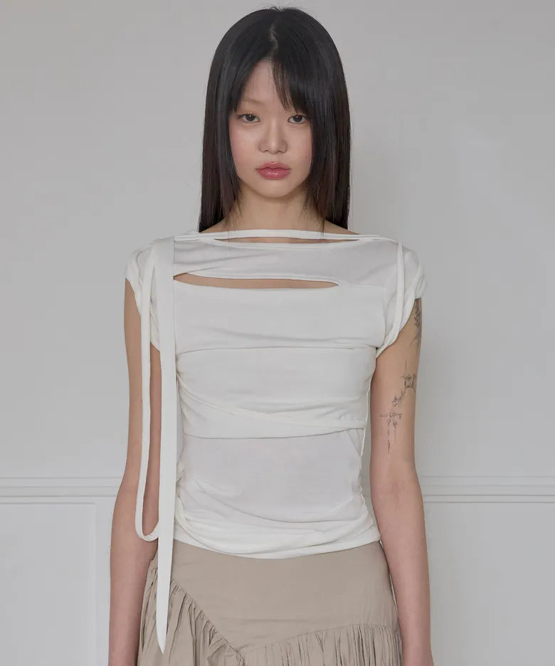 FLARE UP Asymmetrical Draped Strap Roll-Up T-Shirt(4 colors)