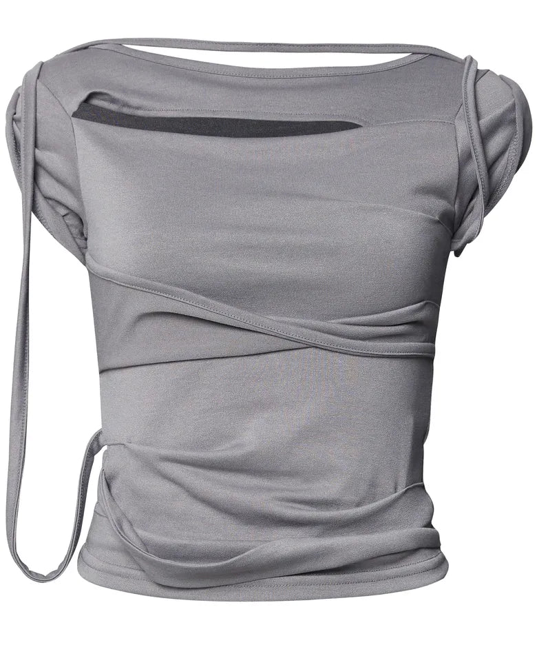 FLARE UP Asymmetrical Draped Strap Roll-Up T-Shirt(4 colors)