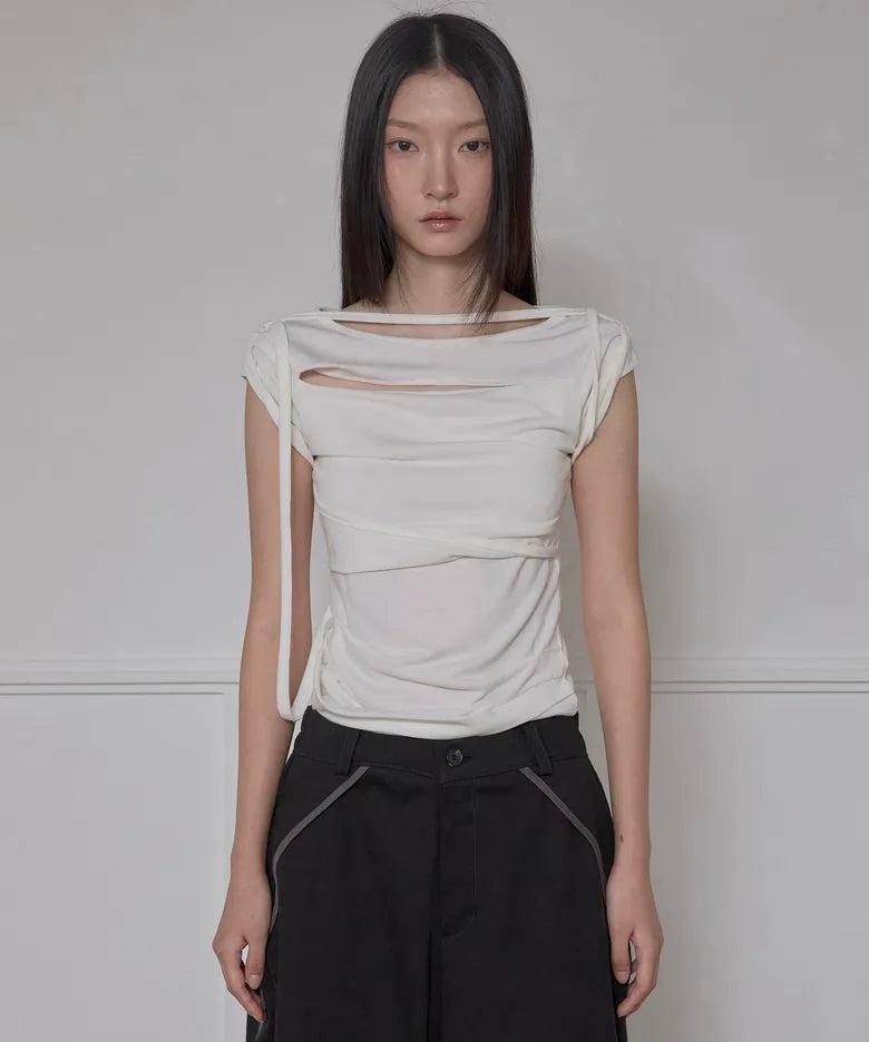 FLARE UP Asymmetrical Draped Strap Roll-Up T-Shirt(4 colors)