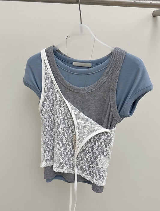 百搭Layering Set（短袖+背心+Lace外搭 3件套可分開襯）